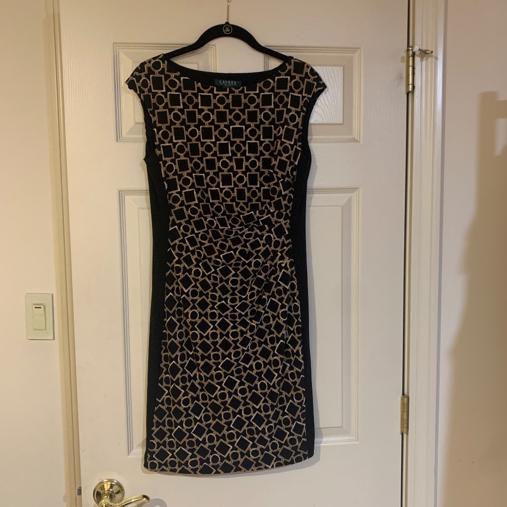 Lauren Ralph Lauren Black/Tan Print Sleeveless Lined Dress sz 6